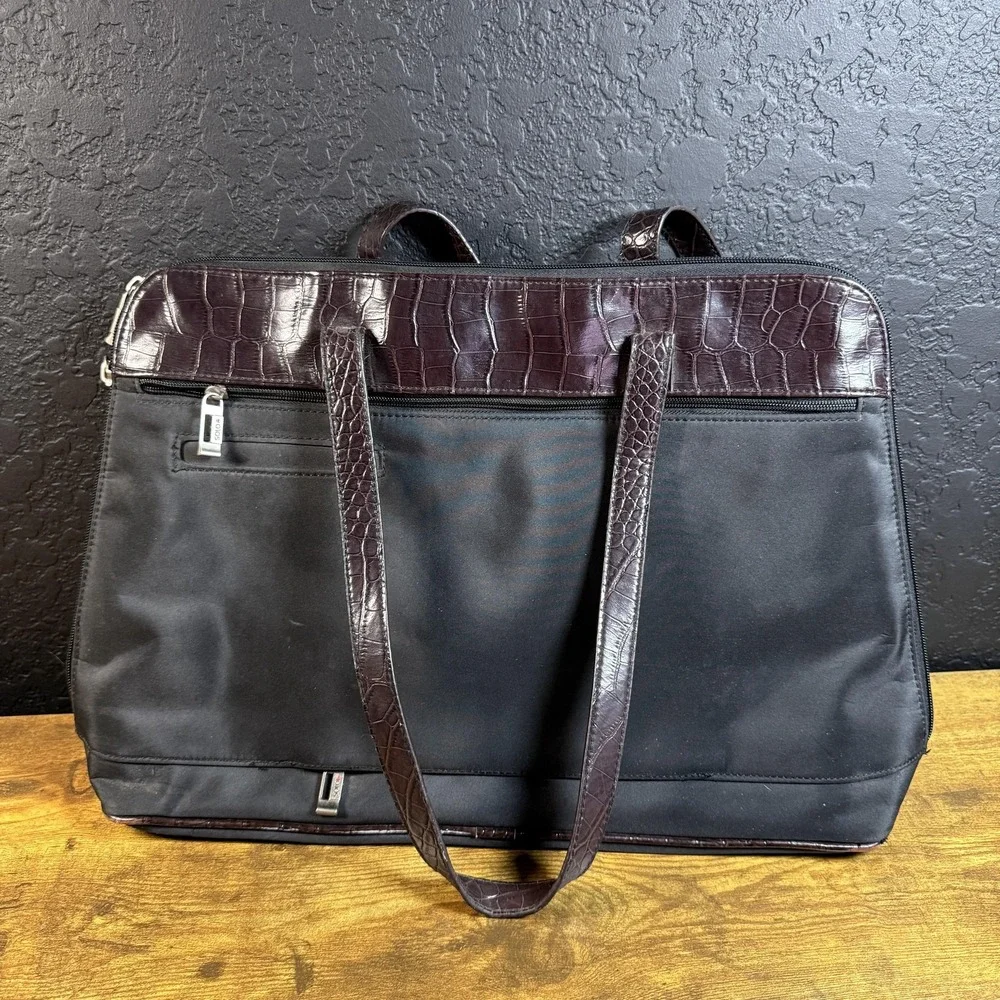 Solo New York Laptop Tote Brown Black Faux Croc Nylon Briefcase‎ Womens Large